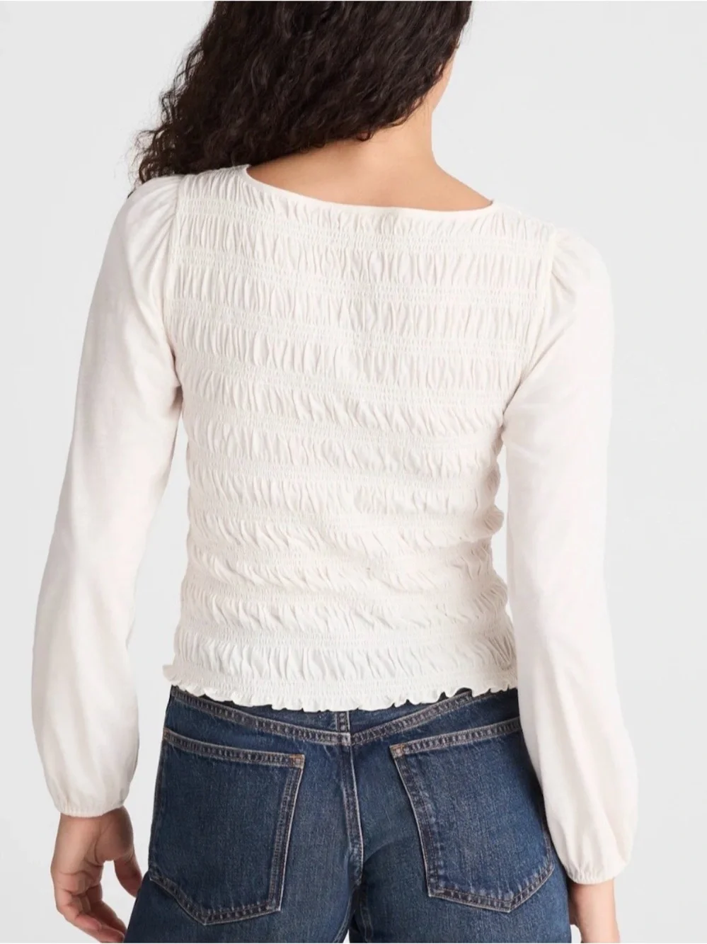 Madewell Ivory Smocked Boatneck Long-Sleeve Top